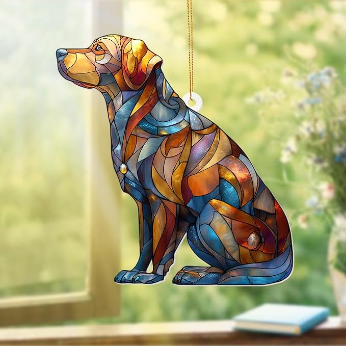 Acrylic Stained Glass Style Dog Ornament – Labrador Retriever Window Hanging Suncatcher, Pet Memorial Keepsake for Dog Lovers, Christmas Tree Decoration, Animal Decor Gift(Sun-07)