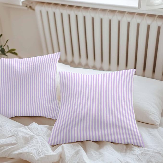 Throw Pillow Covers 18x18 Inch Set of 2, Purple White Stripe Waterproof Outdoor Cushion Covers, Modern Minimalist Geometric Striped Decorative Pillowcases for Couch, Sofa, Bed, Garden, Patio