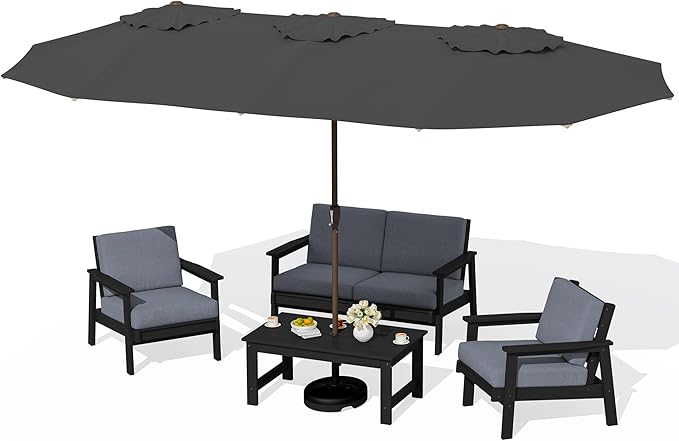 SERWALL HDPE Patio Furniture Set with 15FT Double Side Patio Umbrella, All Weather Wood-Like Outdoor Sofa Sectional Couch, Black Patio Furniture with Grey Cushions