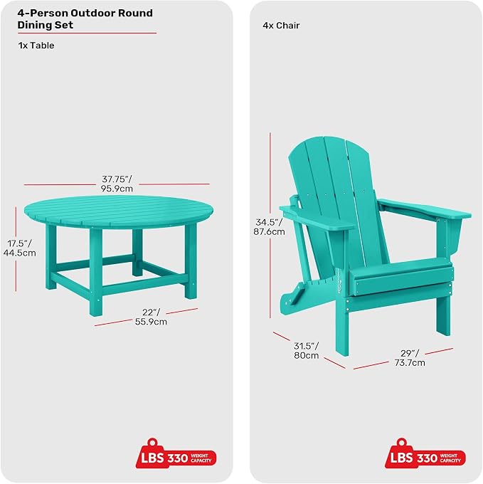 Costaelm Patio Conversation Set, 5 piece Balcony Furniture, Small Patio Firepit Furniture Outdoor Adirondack Round Coffee Table and Chair for Backyard Lawn Porch Pool Garden, Turquoise