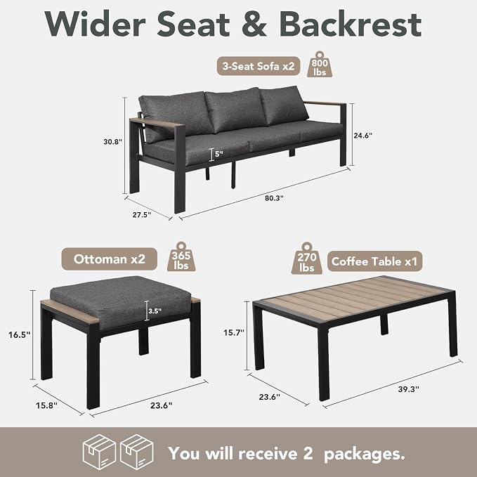 Outdoor Patio Furniture Set 5 Pieces Luxury Aluminum Patio Conversation Set with Coffee Table 8 Seats, Thick Cushions, Large Sectional Sofa for Porch, Balcony, Deck, Yard, Dark Gray