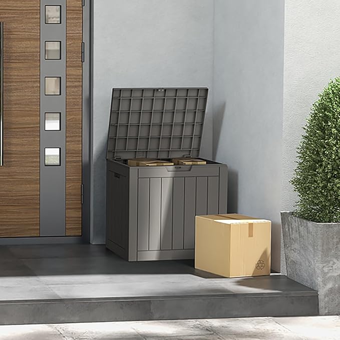 Mars Villa 31 Gallon Deck Box, Waterproof Weatherproof and UV Resistant Resin Storage Bin with Lockable Lid, for Outdoor Patio Furniture Cushions, Pool Supplies, Garden Tools, Grey