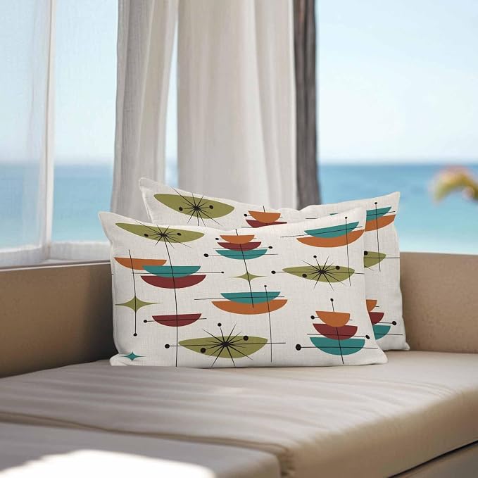 Vandarllin Outdoor Throw Pillows Covers 20x12 inch Set of 2 Waterproof Boho Mid Century Decorative Zippered Cushion Covers for Patio Furniture, Turquoise Orange Geometric Abstract Lumbar Pillowcases