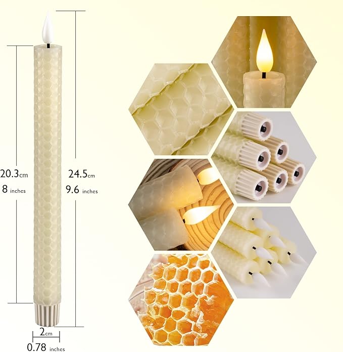 Homemory Honeycomb Flameless Taper Candles with 10-Key Remote, Battery Operated Hive Led Candlesticks Flickering Light, Electric Window Candles Real Wax for Gift Christmas Wedding Decor