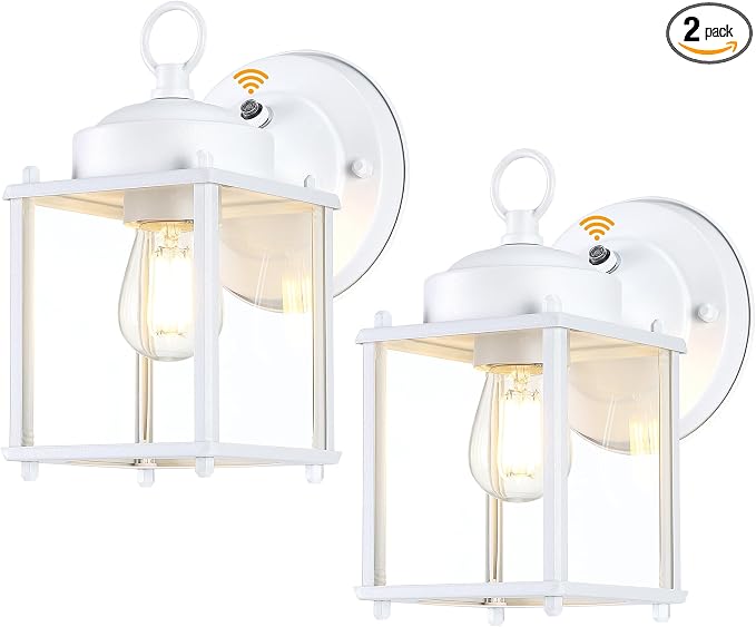 Outdoor Wall Light, Porch Lamp, Dusk to Dawn, White | Exterior Wall Sconce Fixture for House, Garage, Patio, Rustproof Waterproof, Metal Housing with Glass, E26 Base, 2 Pack