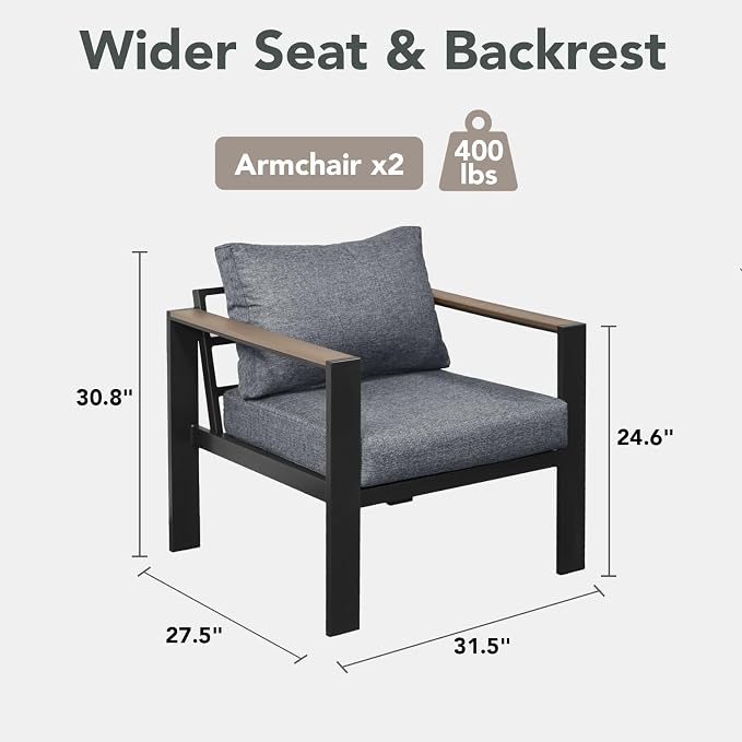 Outdoor Patio Furniture Set 2 Pieces Armchair with Washable Thick Cushions, Luxury Aluminum Patio Furniture Chair Modern Outside Sectional Set for Porch, Balcony, Deck, Yard, Gray
