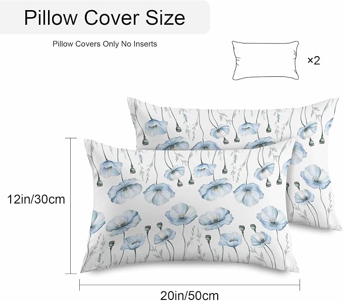 Blue Poppy Floral Waterproof Outdoor Pillow Covers Set of 2 Home Decor, Farmhouse Pastoral Botanical Flowers Pillowcase Patio Pillow Covers for Couch Bench Furniture Garden 20x12in