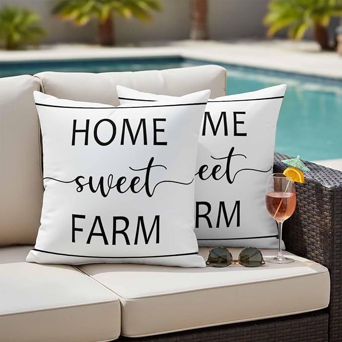 JasmineM Outdoor Pillow Cover 16x16 Inches Set of 2 Home Sweet Farm Waterproof Throw Pillow Covers Farmhouse Funny Quote Decorative Pillowcases Garden Cushion Case for Patio Couch Sofa