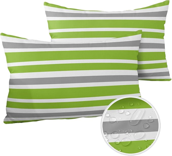 Outdoor Waterproof Lumbar Throw Pillow Covers Set of 2 Grey Green Stripes Decorative Outdoor Pillows Cushion Case 20x12 Inch Classic Striped Patio Pillows for Couch Sofa Bed Garden Home Decor
