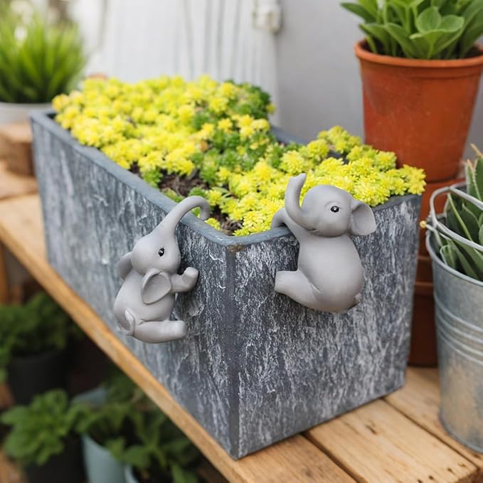 Set of 2 Cute Climbing Elephant Statues Flower Pot Hugger, Resin Hanging Animals Figurine Outdoor Planter Pot Decorations for Home Garden Patio Lawn Yard Ornaments