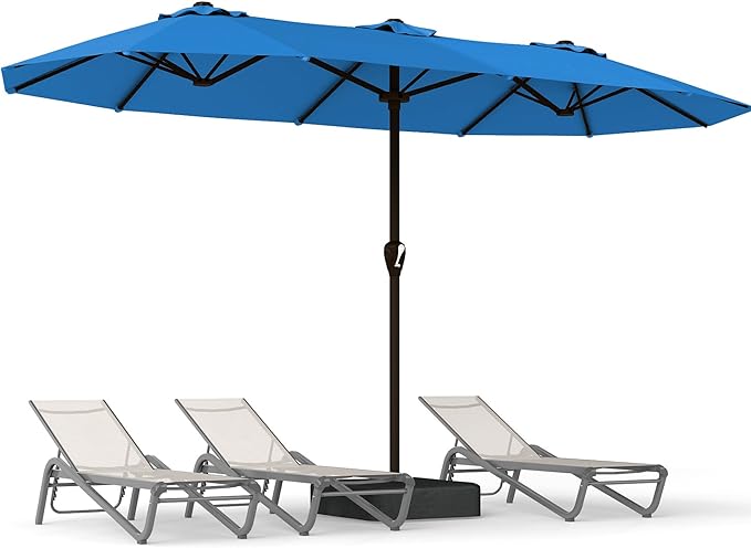 15FT Large Patio Umbrella with Base, Double Sided Rectangular Outdoor Umbrella with Sturdy Fiberglass Ribs, UPF 50+ Sun Protection, Wind-Resistant, Waterproof Fade-Resistant Fabric for Pool, Garden, Backyard, Deck(Royal Blue)