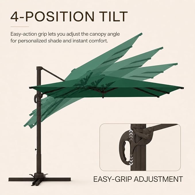 Kingdura 10' X 10' Cantilever Patio Umbrella with Base Included, Large Square Aluminum Outdoor Offset Umbrella with 360-degree Rotation, 4 Position Tilt, UV Protection for Pool Deck Garden Patio (Dark green)