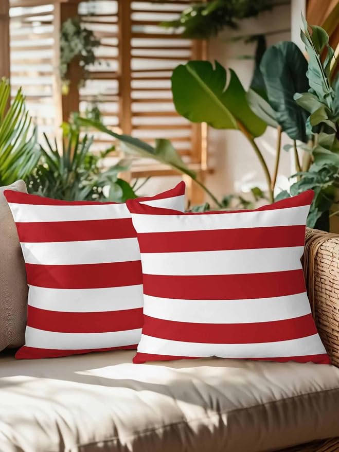 Waterproof Outdoor Pillow Set of 2 Red White Stripe Decorative Throw Pillows Cover & Insert 18x18 Inch Pillowcase Simple Style Striped Square Pillows for Couch Sofa Bed Patio Furniture Indoor Outdoor