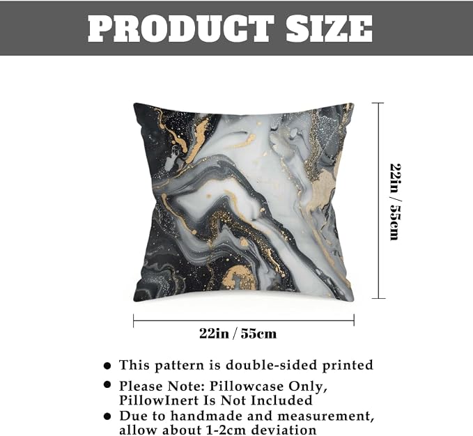 22x22 Inch Outdoor Pillow Covers Set of 2 Waterproof Throw Pillow Covers Decorative Couch Cushion Covers Black Grey Marble Square Pillowcases Protectors for Patio Garden Sofa