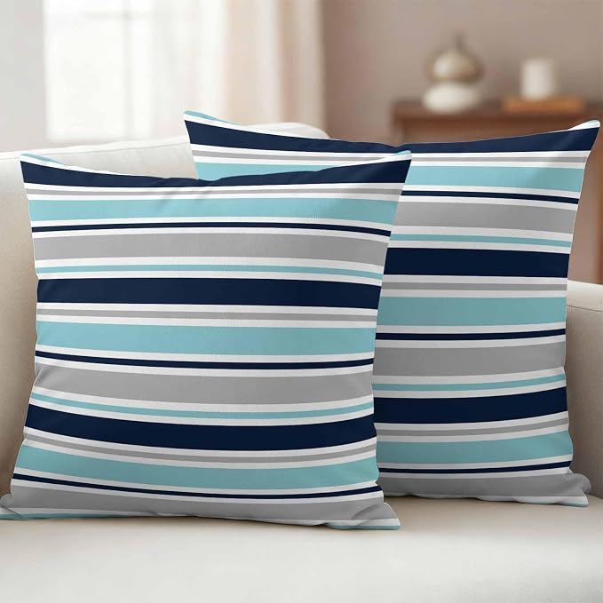 Grey Blue Striped Outdoor Pillow Cover 16x16 Inch Cushion Sham Case, Farmhouse Stripes Abstract Art Navy Blue Waterproof Decorative Square Throw Pillowcase for Outside Garden Patio Porch Couch Chair