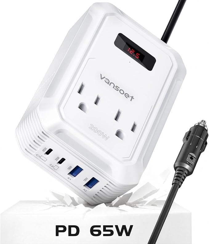 200W Car Power Inverter DC 12V to 110V AC Inverter with PD 65W/30W USB C & 2 QC 18W USB Ports & 2 AC Outlets,Car Pluɡ Adapter Outlet for Laptop/Phone/Road Trip