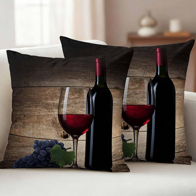 Red Wines Outdoor Pillow Covers 18x18 Inch Throw Pillow Covers Set of 2 Waterproof Decorative Pillow Cases Grapes Vintage Wooden Grain Farmhouse Cushion Covers for Patio Furniture Garden Couch Sofa