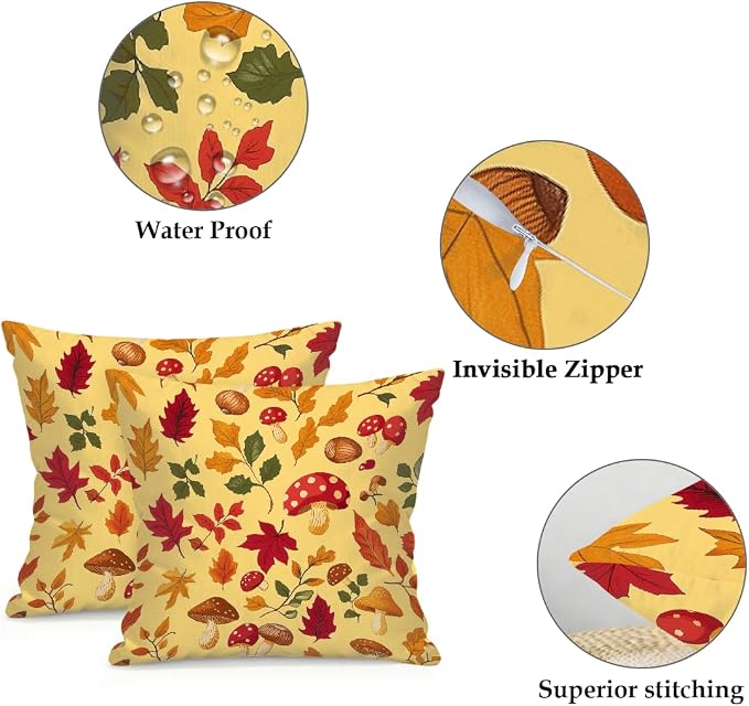 22x22 Inch Outdoor Pillow Covers Set of 2 Waterproof Throw Pillow Covers Decorative Couch Cushion Covers Mushrooms Leaves Fall Square Pillowcases Protectors for Patio Garden Sofa