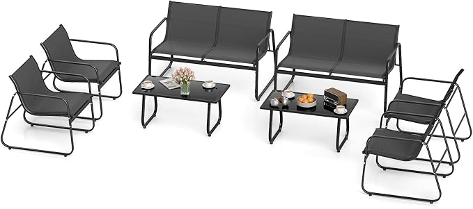 HAPPYGRILL 8 Pieces Patio Conversation Set, Fabric Lawn Chairs and Loveseat with Tempered Glass Coffee Table, Heavy Duty Metal Frame, Outdoor Furniture Set for Porch, Garden and Poolside
