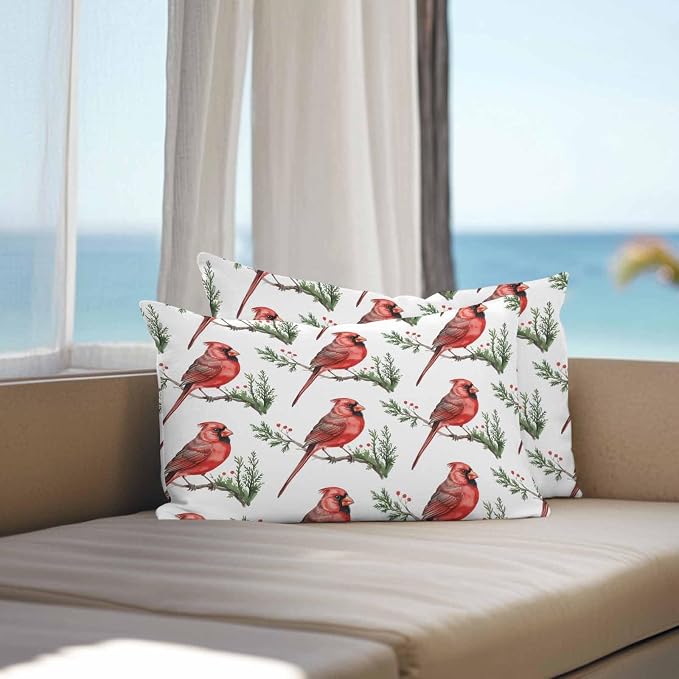 YOKOU Outdoor Waterproof Throw Pillow Covers, Christmas Red Bird on Pine Branches Berries Cardinal Pillowcases Cushion Covers Cases for Patio Couch Bench, Pack of 2 Rectangle, 20X12 Inch