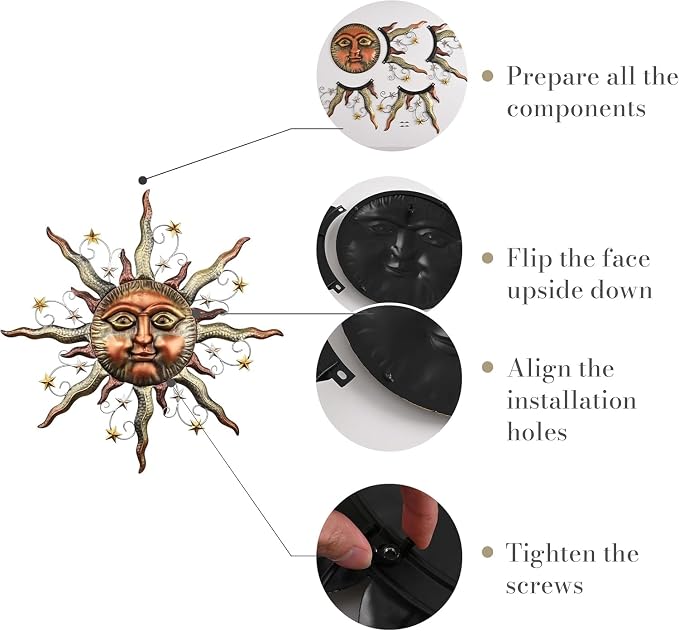 TERESA'S COLLECTIONS Sun Metal Wall Art for Outdoor Decor,25" Bronze Sun Face 3D Wall Decor for Garden Decor,Rustic Retro Hanging Sculpture for Outside Living Room Home Patio Farmhouse Gifts for Mom