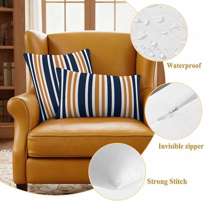 Waterproof Pillow Covers Set of 2,Orange Dark Blue Striped Outdoor Pillow Protectors with Zipper Pillowcases for Patio Tent Garden Beach 18x18 Inches Modern Minimalist Art
