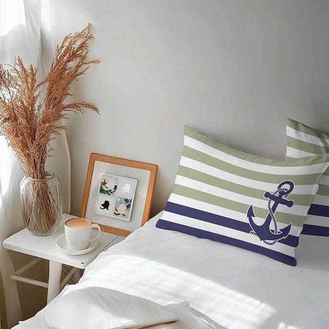 Lumbar Pillow Covers 20x12 Inch Set of 2, Striped Anchor Waterproof Outdoor Cushion Covers, Navy Blue Nautical Sage Green Geometric Decorative Pillowcases for Couch, Sofa, Bed, Garden, Patio
