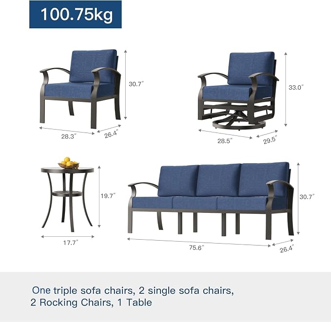 Kullavik Aluminum Patio Furniture Set,7 Piece Modern Metal Outdoor Patio Furniture w/5.1'' Thick Cushion,Swivel Chairs and Rectangular Coffee Table,Patio Conversation Sets for Porch,Deck,NavyBlue