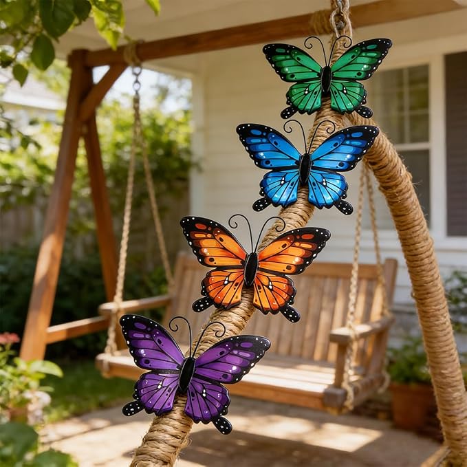 hogardeck Metal Butterfly Wall Decor, 4 PCS Multicolor Butterfly Spring Decor for Indoor Outdoor, Decorative Hanging Wall Art for Kitchen, Living Room, Porch, Garden, Yard