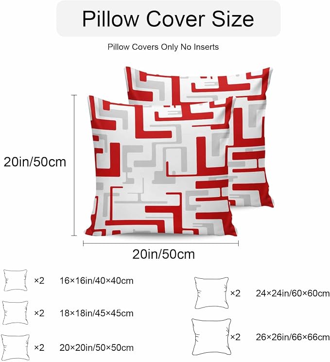 Vandarllin Outdoor Throw Pillows Covers 26x26 inch Set of 2 Waterproof Red Geometric Stripes Decorative Zippered Cushion Covers for Patio Furniture, Modern Abstract Lines Lumbar Pillowcases