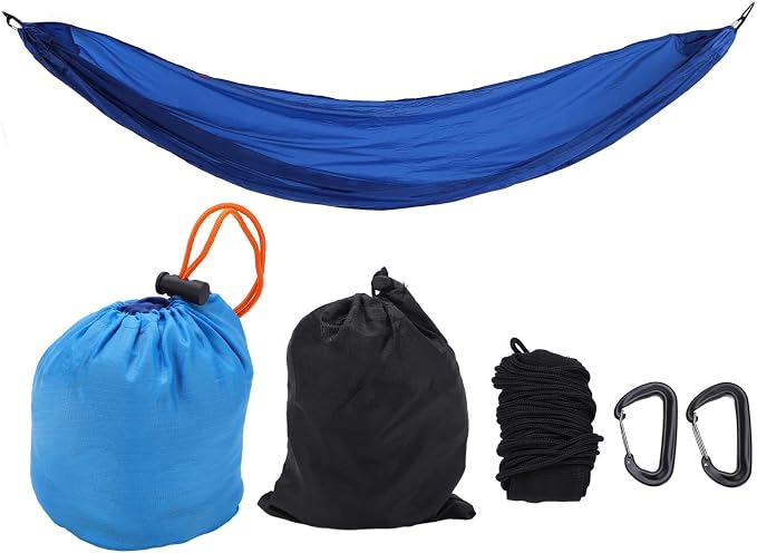 Portable Parachute Camping Hammock, Lightweight Outdoor Hammock with Aluminum Snap Hooks and Storage Bags, Compact Foldable Design for Hiking Backpacking Travel (Blue)