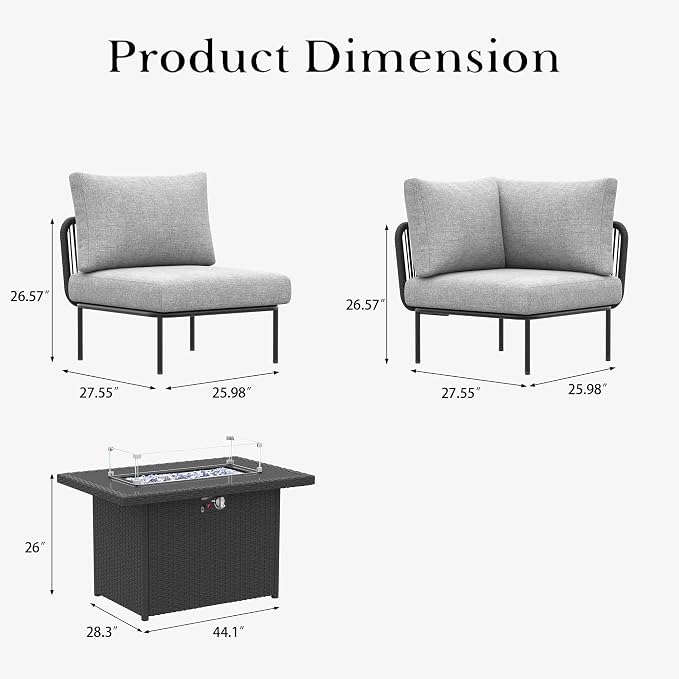 LayinSun 5 Pieces Aluminum Patio Furniture Set, Modern Modular Sectional Sofa with Fire Pit Table and Upgrade Thickness Cushion