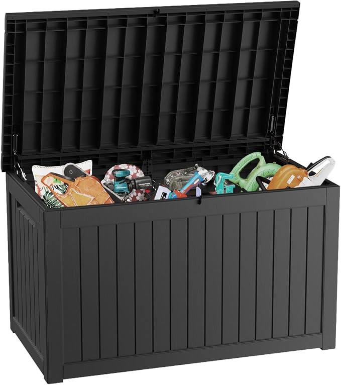 Pepe Tee Waterproof Resin Deck Box, Outdoor Storage Bin for Patio Furniture Cushions, All-Weather Garden Organizer & Seating Bench, Black