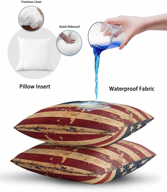 Outdoor Waterproof Throw Pillows Old Vintage American Flag Patriot Patio Pillows Pack of 2,Decorative Pillow Covers with Insert,Pillow Cushion Case for Garden Couch Sofa Stars and Stripes