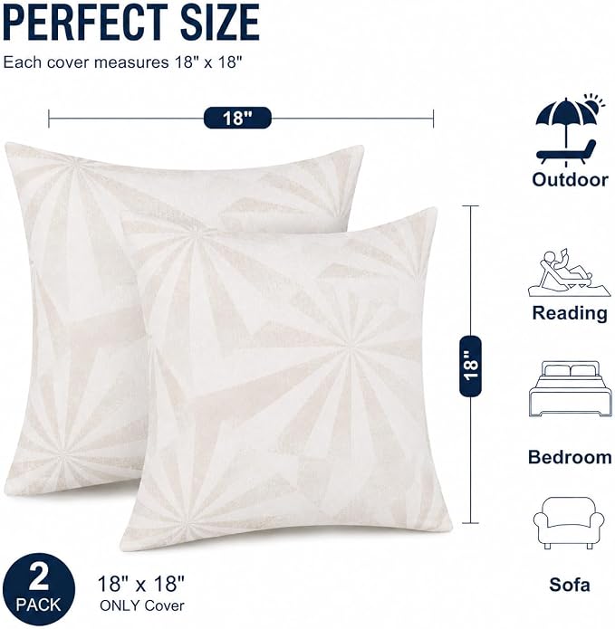 Outdoor Pillow Covers Waterproof Throw Pillow Covers, Set of 2 Jacquard Texture Water Resistant Fade Resistant Decorative Cushion Covers for Garden Patio Bench Couch Sofa, 18x18 Inch (Sunlight Rays)