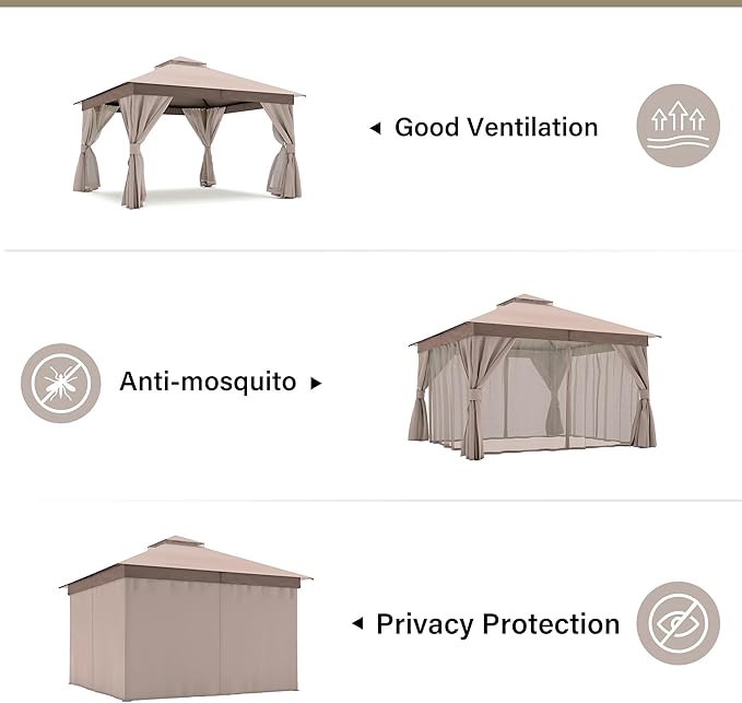 LAUSAINT HOME Patio Gazebo 12'x12', Outdoor Heavy Duty Party Tent Shelter with Double Roofs, Mosquito Nettings and Privacy Screens for Backyard, Garden, Lawn, Khaki
