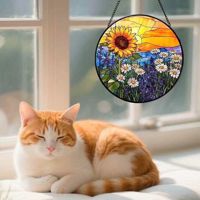 Stained Glass Window Hanging - Sunflowers, Daisies, Lavender and Sunset 7.8 Inches Suncatcher for Garden Home Decor for Women Mon Grandma Friends