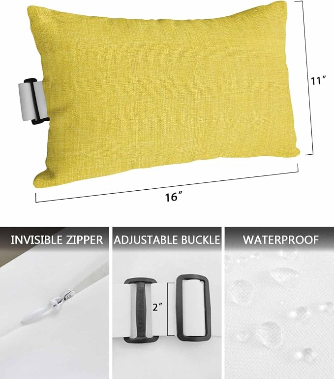 Pack of 4 Outdoor Lumbar Pillow Covers 11x16 Inch, Yellow Burlap Texture Waterproof Throw Pillow Covers Set, Farmhouse Vintage Yellow Indoor&Outdoor Decorative Cushion Cases for Patio Porch Beach