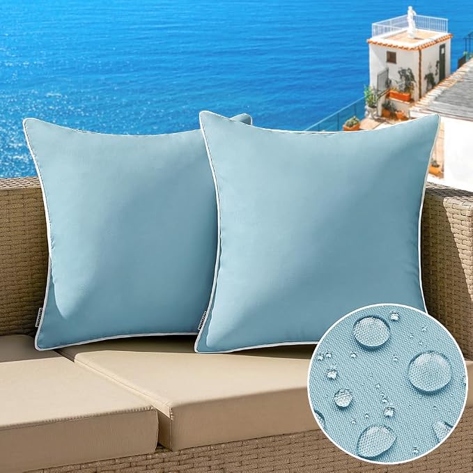 MIULEE Outdoor Waterproof Pillow Covers 20x20 Blue Pack of 2 | Decorative Farmhouse Throw Pillow Covers with Piping,Square Solid Color,Patio Furniture,Summer Couch Tent Sofa Living Room