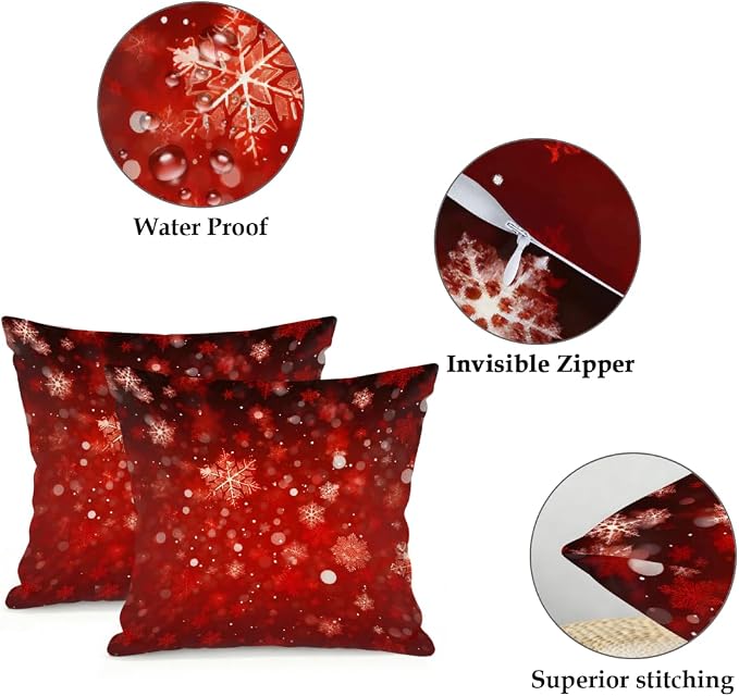 22x22 Inch Outdoor Pillow Covers Set of 2 Waterproof Throw Pillow Covers Decorative Couch Cushion Covers Red Christmas Snowflakes Square Pillowcases Protectors for Patio Garden Sofa