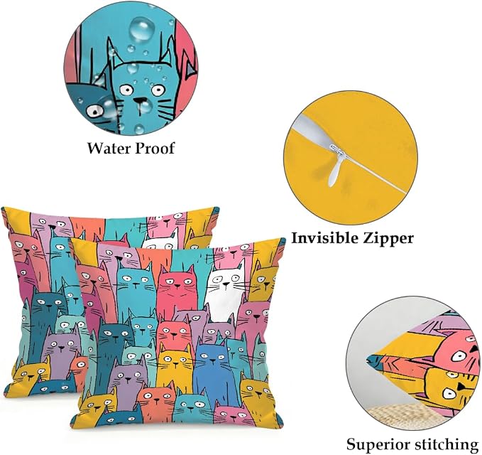 20x20 Inch Outdoor Pillow Covers Set of 2 Waterproof Throw Pillow Covers Decorative Couch Cushion Covers Colorful Cats Pattern Square Pillowcases Protectors for Patio Garden Sofa
