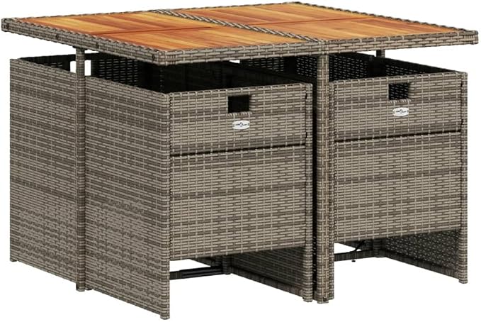 5 Piece Garden Dining Set with Cushions Grey Poly Rattan Outdoor Patio Table and 4 Foldable Chairs Space-Saving Acacia Wood Top Navy Blue Cushion UV-Resistant for Backyard Al Fresco Relaxation