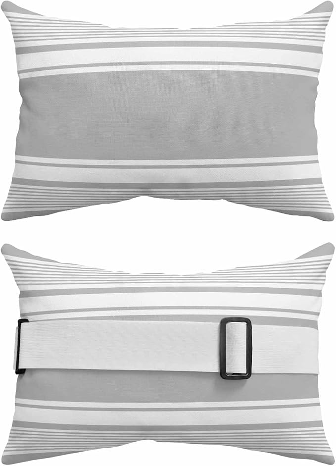 Outdoor Lumbar Pillow Set of 1, Farmhouse Grey Waterproof Beach Headrest Pillow with Inserts, Farmhouse Gray Line Striped Recliner Throw Pillows for Patio Furniture, 11 x 16