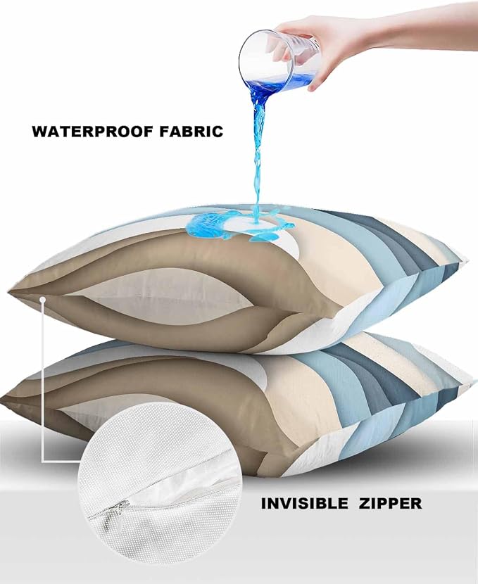 Pack of 2 Blue Brown Abstract Outdoor Pillow Waterproof Covers 16x16 inch, Gradient Water Ripple Polyester Throw Pillow Covers Garden Cushion Decorative Case for Patio Couch Decoration