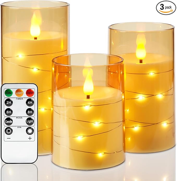 Amagic Flameless Candles 3 Set, Flickering Battery Operated Candles Embedded Fairy String Light, Realistic Pillar Candle with Remote Control and Timer, Acrylic Amber Gold, D3 x H4 5" 6"