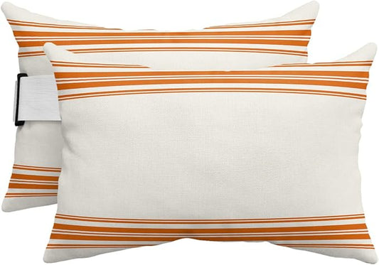 Outdoor Pillows Covers with Inserts Farmhouse Orange Stripe Waterproof Recliner Pillow with Adjustable Strap Throw Pillows for Patio Furniture Pool Lounge Chair, 12x20 inch, 2PCS