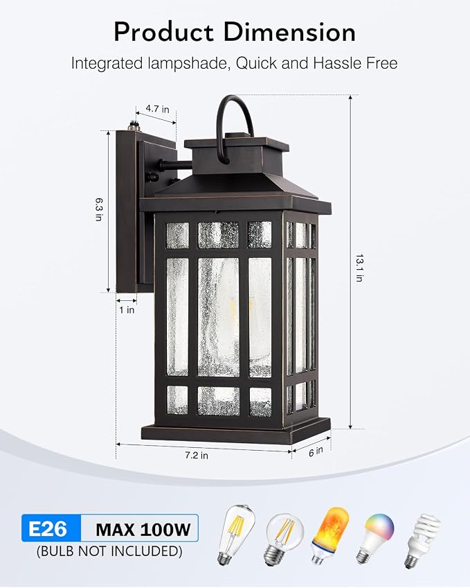 Dusk to Dawn Outside Lights, 2-Pack Oil Rubbed Bronze Exterior Lighting Fixtures with Gold Trim, Modern Patio Wall Sconce with Seed Glass, Waterproof Anti-Rust Outdoor Wall Light for Porch, Garage