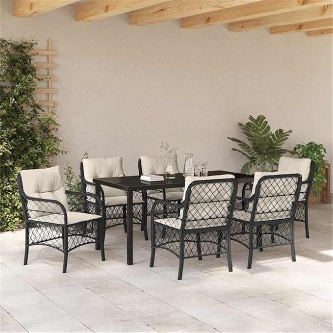 Afuera Living 7 Piece Poly Rattan Patio Dining Set, Powder-Coated Steel Frame, Black Finish, Cushioned Seating, Tempered Glass Tabletop, Weather-Resistant Outdoor Furniture for Garden or Patio Dining