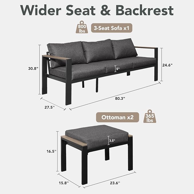 Patio Furniture Set 3 Seats Sofa and Ottoman All-Weather Patio Sofa with Washable Thick Cushions, Deluxe Aluminum Modern Outside Sectional for Porch, Balcony, Deck, Yard, Dark Gray