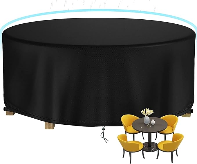 Round Patio Table Cover Waterproof, 96.4" Diax27.9" H Heavy Duty Oxford Fabric Outdoor Patio Furniture Cover Patio Table Chair Set Covers for Garden Round Table Dining Set, Black